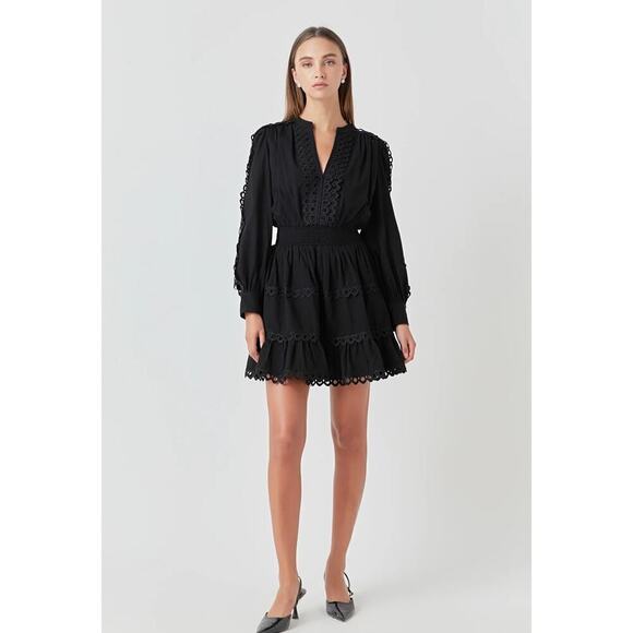 Anthropologie Endless Rose Woman Black  Long Sleeve Lace Trim Mini Dress… - Picture 1 of 13